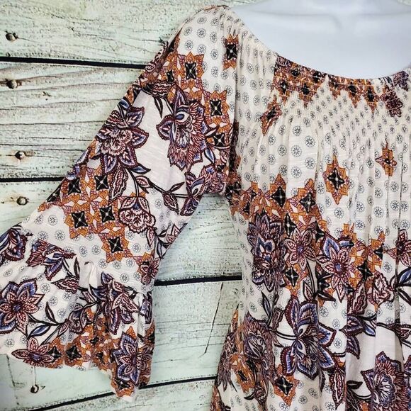 Maurices L Boho Floral Peasant Top 3/4 Sleeve Stretch Scoop Neck Geometric - Picture 2 of 7
